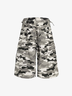 Grey Camo Cargo Shorts with Checkered Patches – back view | XoKool