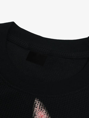 Cat Graphic Waffle Knit Long Sleeve Shirt – Black, neck close-up | XoKool
