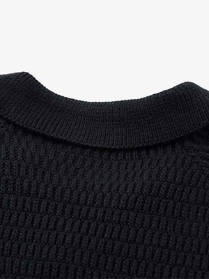 Retro Knitted Lapel V-Neck Contrast Striped Sweater - thumbnail 4