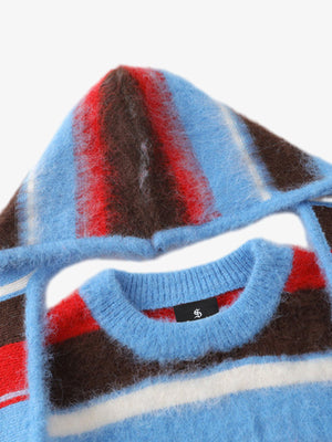 Detachable Hood Contrast Striped Mohair Pullover Sweater - thumbnail 3