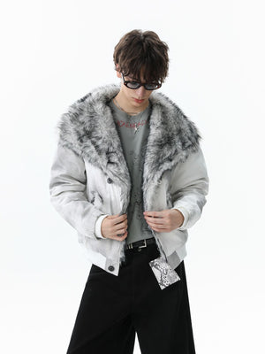 Vintage Dirty Dyed Washed Faux Fur Collar Padded Jacket - thumbnail 3