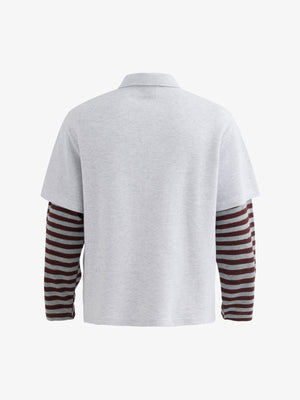 Jersey Waffle Faux Two-Piece Lapel Collar Striped Sweatshirt - thumbnail 2