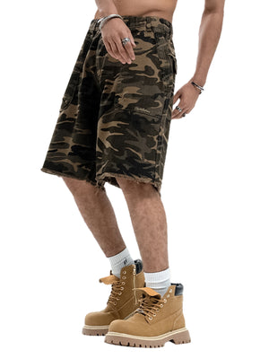 Camouflage Raw Edge Embroidered Cargo Shorts - thumbnail 3