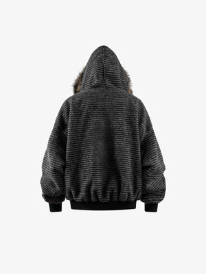 Anthrazit gestreifter Zip Hoodie mit Kunstfellkapuze – Anthrazit, Rückansicht | XoKool