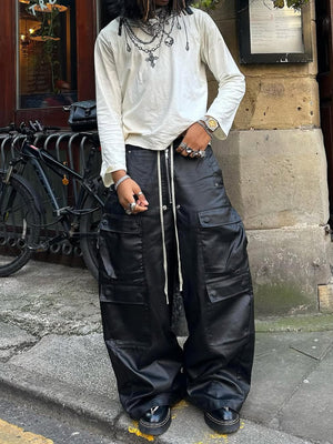 Coated Black Wide Leg Cargo Pants – Street photo, on model, front | XoKool