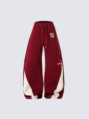 Contrast Panel Sweatpants in Red, Black and Navy – Red, front flat | XoKool