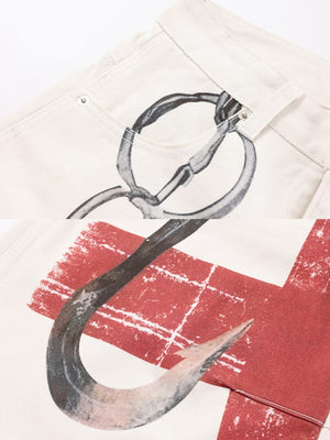 Cream balloon jeans – chain hook print close-up | XoKool