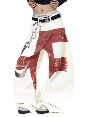 Cream Balloon Jeans with Red Cross Print – on model, front (crop) | XoKool