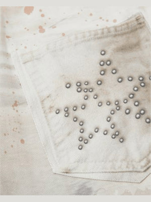 Cream Jeans with Studded Star and Paint Splatter – studded star back pocket close-up | XoKool