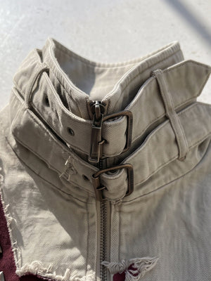 Cream Studded Cross Patch Jacket with Buckle Collar – double buckle stand collar close-up | XoKool