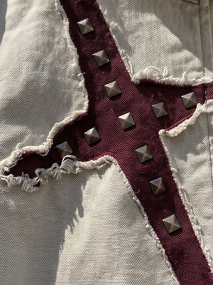 Cream Studded Cross Patch Jacket with Buckle Collar – studded burgundy cross patch close-up | XoKool