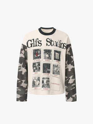 Cremefarbenes Waffel-Longsleeve mit Camo-Ärmeln – Creme, Vorderseite flach | XoKool