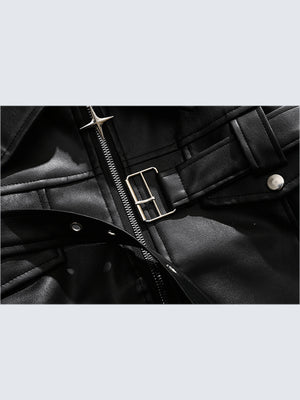 Cropped Belted Faux Leather Moto Jacket – belt buckle and zip close-up | XoKool
