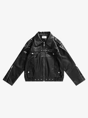 Cropped Belted Faux Leather Moto Jacket – Black, front | XoKool