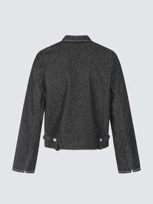 Cropped Black Denim Moto Jacket with Stand Collar – back flat lay | XoKool