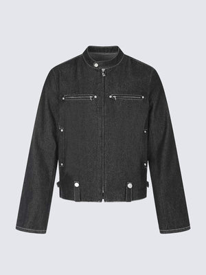 Cropped Black Denim Moto Jacket with Stand Collar – Black denim, front flat lay | XoKool