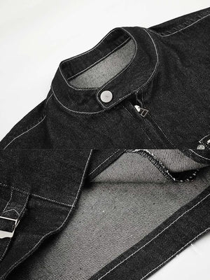 Cropped Black Denim Moto Jacket with Stand Collar – collar snap and hem tab close-up | XoKool