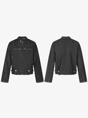 Cropped Black Denim Moto Jacket with Stand Collar – front and back side by side | XoKool