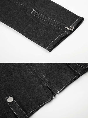 Black denim moto jacket – zip cuff and hem snap close-up | XoKool
