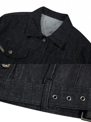 Black denim trucker jacket – collar and waist buckle tab close-up | XoKool
