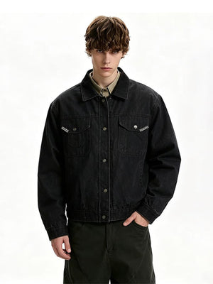 Black denim trucker jacket – on model, front | XoKool