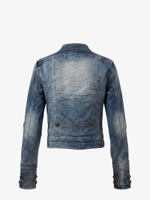 Cropped Denim Hussar Jacket with Button Frogging – Blue, back view | XoKool