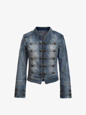 Cropped Denim Hussar Jacket with Button Frogging – Blue, front view | XoKool