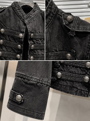 Denim military jacket – collar, epaulette and cuff close-ups | XoKool