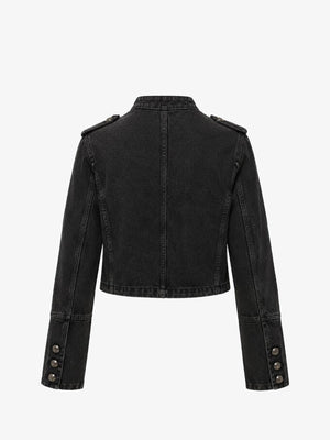 Cropped Denim Military Jacket with Button Straps – Washed Black, back view | XoKool