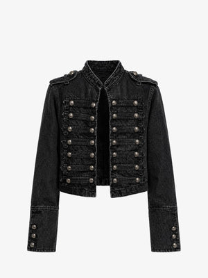Cropped Denim Military Jacket with Button Straps – Washed Black, front view | XoKool