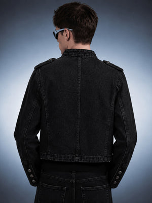 Denim military jacket – Washed Black, on model, back | XoKool