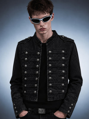 Cropped Denim Military Jacket with Button Straps – Washed Black, on model | XoKool
