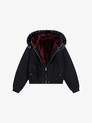 Kurze Jacke mit Kunstfellfutter und Kapuze – Schwarz, Vorderansicht flach | XoKool