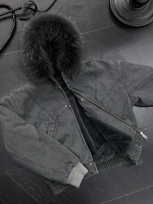 Faux fur lined jacket – Grey, flat lay on floor | XoKool