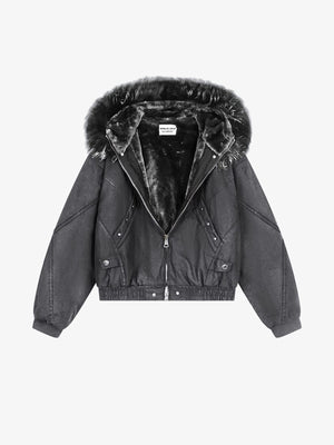 Cropped Faux Fur Lined Jacket with Hood – Grey, front flat lay | XoKool
