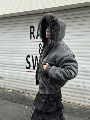 Faux fur lined jacket – on model, grey, street | XoKool