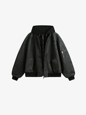 Cropped Bomberjacke mit Kapuze aus Kunstleder – Schwarz, Vorderseite flach | XoKool