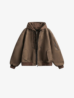 Cropped Bomberjacke mit Kapuze aus Kunstleder – Braun, Vorderseite flach | XoKool