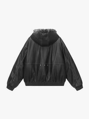 Cropped Kunstlederjacke mit Fellkapuze – Schwarz, Rückseite flach | XoKool