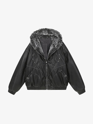 Cropped Kunstlederjacke mit Fellkapuze – Schwarz, Vorderseite flach | XoKool