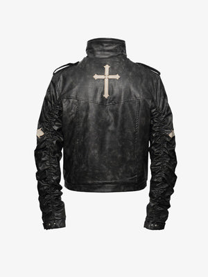 Cropped Kunstleder Military Jacke mit Cross Patches – Schwarz, Rückansicht mit Kreuz | XoKool