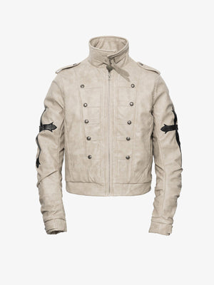 Cropped Kunstleder Military Jacke mit Cross Patches – Creme, Vorderansicht | XoKool