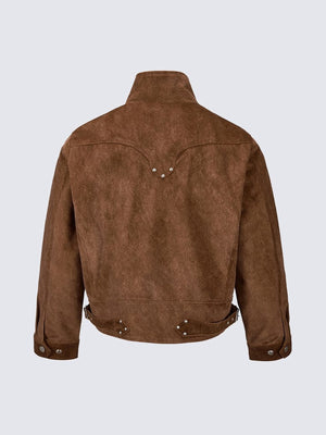 Kurze Kunstwildleder-Bikerjacke mit Schnallenkragen – Braun, Rückansicht | XoKool