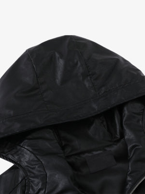 Cropped Hooded Faux Leather Bomber Jacket – Black, hood and lining close-up | XoKool