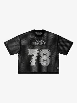 Mesh football jersey – Black round neck '78' flat lay | XoKool
