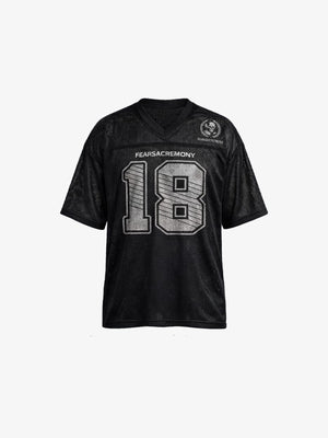Cropped Mesh Football Jersey with Distressed Number – Black V-neck '18' flat lay | XoKool