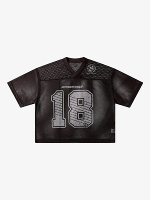 Mesh football jersey – Brown V-neck '18' flat lay | XoKool