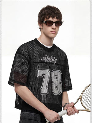 Cropped Mesh Football Jersey with Distressed Number – On model, black round neck | XoKool