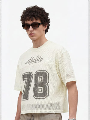 Cropped Mesh Football Jersey with Distressed Number – On model, cream round neck | XoKool