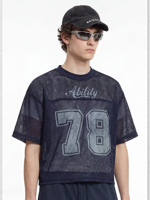 Mesh football jersey – On model, navy, front | XoKool